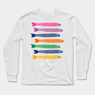 ANCHOVIES Bright Graphic Fun Groovy Fish in Rainbow Colors on Cream - Horizontal Layout - UnBlink Studio by Jackie Tahara Long Sleeve T-Shirt